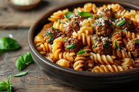 Rotini pasta with meatballs in rich tomato sauce, garnished with fresh basil leaves and grated parmesan cheese, served in rustic ceramic bowl on wooden table.