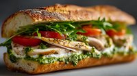 Gourmet sandwich with sliced turkey, fresh tomatoes, lettuce and pesto on artisan bread. Perfect for restaurant menus, food blogs and culinary marketing.