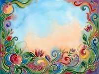 Watercolor floral frame with colorful swirls, pomegranates, and flowers on a soft blue and peach background, perfect for greeting cards.