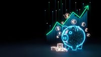 Digital piggy bank with glowing currency symbols and upward arrow showing financial growth and savings success on dark background.