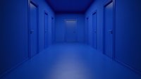 Dark blue corridor with multiple closed doors along both sides leading to central door, illuminated by soft ambient light creating mysterious atmosphere. For horror or business concepts.