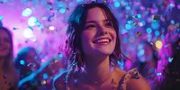 Young woman smiling at nightclub party with colorful confetti falling around her, illuminated by vibrant purple and blue lights creating festive atmosphere.