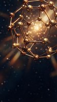 Golden molecular structure with glowing bokeh background, representing nanotechnology, chemistry, and scientific research in a dark cosmic setting.