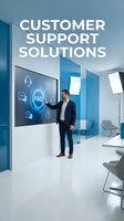 Professional businessman presenting customer support solutions on interactive digital display in modern office environment for business presentations.