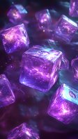 Glowing purple crystal cubes floating in cosmic space with magical energy effects and luminous particles for fantasy gaming and digital art projects.