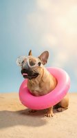 Tan short-haired dog wearing sunglasses and pink inflatable ring on sandy beach with blue sky backdrop, summer vacation concept.