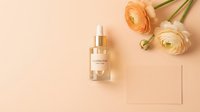 Luxury skincare serum bottle with dropper beside peach ranunculus flowers and blank card on pastel beige background, flat lay beauty concept.
