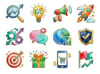 Growth strategy and business success icons set with magnifying glass, lightbulb, megaphone, rocket, gears, chat, analytics, shield, target, gift, shopping cart, and upward arrow for marketing and startup.