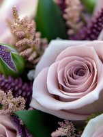 Delicate pink rose bloom in macro view surrounded by purple wildflowers and soft pink astilbe creates romantic floral composition for wedding and celebration designs.
