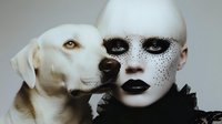 Bald woman with avant-garde black dotted face paint posing with white dog in artistic portrait for fashion and beauty concepts.