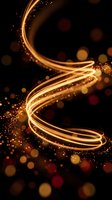 Golden light trails swirling in spiral motion with sparkling particles and bokeh effects on dark background for luxury design projects.