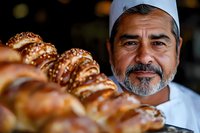 Experienced Hispanic baker in white chef uniform smiling proudly next to freshly baked artisanal bread loaves with sesame seeds in professional bakery setting.