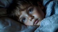 Young child with blue eyes lying in bed wrapped in soft blue blanket looking peaceful and comfortable for bedtime routine and sleep concepts.