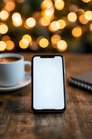 Smartphone with blank white screen on wooden table next to coffee cup and notebook, warm bokeh lights in background creating cozy atmosphere.