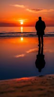 Silhouetted figure standing on wet beach sand at sunset, watching golden sun reflect on ocean water and mirror in puddle below, contemplative coastal scene.