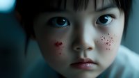 Young Asian child with red freckles and spots on face looking directly at camera with intense gaze against dark moody background, dramatic portrait in blue tones.