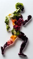 Running figure silhouette filled with fresh vegetables, fruits and berries on white background. Creative healthy eating and active lifestyle concept.