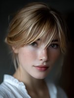 Young Caucasian woman with blonde hair and freckles gazing at camera with gentle smile. Natural makeup, white sweater, soft lighting creates intimate portrait mood.