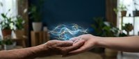 Hands holding glowing digital car hologram representing automotive technology, electric vehicles, and future transportation innovation in modern interior setting.