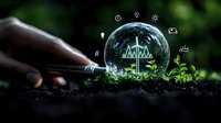 Glowing mountain icon in glass sphere with environmental symbols floating above, surrounded by green plants and soil, creative sustainability concept.