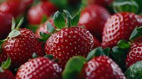 Fresh ripe strawberries with green leaves close up macro shot. Natural organic berries background with selective focus and shallow depth of field.