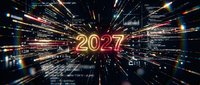 2027 glowing neon numbers burst through digital data streams and code in futuristic cyberspace. Perfect for new year, technology, and future concepts.
