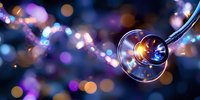 Glowing spiral glass pendant with magical bokeh lights in blue and purple tones against dark background creates dreamy atmospheric effect.