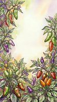 Hand-drawn chili pepper plants with vibrant purple, red, and green pods and foliage frame a soft watercolor background. Isolated botanical illustration suitable for culinary designs, recipe cards, and kitchen decor projects.