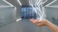 Hand holding glowing white energy swirls in modern office space with futuristic lighting and glass windows for business innovation concepts.