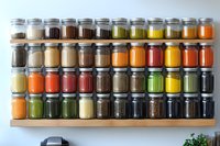 Colorful array of spices and seasonings in glass jars arranged on wooden shelves against white wall, organized by color gradient from light to dark shades.