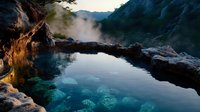 Tranquil natural hot spring pool with steaming water and rocky formations at sunset, crystal clear turquoise water revealing underwater rocks in mountain landscape.
