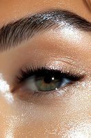 Close-up of eye with shimmering silver glitter makeup, long dark lashes, and defined brow against glowing skin. Glamorous festive beauty look for cosmetics advertising.