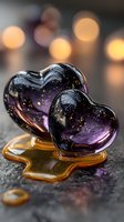 Two melting glass hearts with galaxy starfield pattern and golden liquid base on textured surface with warm bokeh lights background for romantic designs.