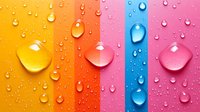 Colorful vertical stripes with water drops creating dynamic surface tension effect. Realistic condensation droplets on gradient background from yellow to pink and blue.