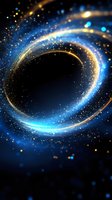 Glowing spiral of blue and gold light particles forming circular path against dark background with sparkling star dust and luminous effects.