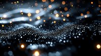 Glowing particles form dynamic wave pattern against dark background with floating golden bokeh lights creating magical atmospheric effect.