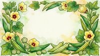 Botanical frame with yellow flowers, green okra pods, and leafy vegetables arranged on cream background, isolated and ready for recipe cards, menu designs, cooking blogs, and culinary publications.