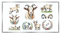 Watercolor goat illustrations featuring playful kids, horned heads, standing poses, and decorative floral wreaths. Isolated farm animal artwork suitable for children's books, nursery decor, greeting cards, and textile design.