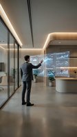 Businessman interacting with futuristic holographic data displays in modern office space with ambient lighting for business technology presentations.