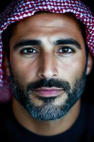 Close up portrait of Middle Eastern man wearing traditional red and white keffiyeh headscarf, with beard and gentle expression against dark background.