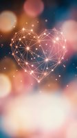 Glowing geometric heart made of connected lines and dots on colorful bokeh background for romantic technology concepts and digital love themes.