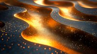 Abstract golden waves with glowing particles on dark background, luminous flowing curves create magical atmosphere for luxury design and presentations.