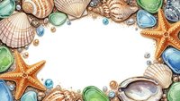 Watercolor seashells starfish and sea glass frame border on white background with copy space for summer beach vacation and marine themed designs.