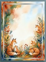 Watercolor autumn frame with cute foxes and foliage border, blank space for text, warm seasonal colors, woodland animals design for invitations and cards.
