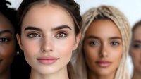 Diverse group of young women with natural makeup and glowing skin showcasing beauty and inclusivity in modern cosmetics and skincare advertising.