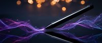 Modern digital pen with flowing purple energy waves and golden bokeh lights creating futuristic technology concept for creative design and innovation.