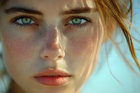 Young blonde woman with green eyes and freckles in natural sunlight. Close-up portrait with soft lighting for beauty and skincare concepts.