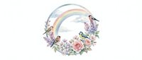 Watercolor floral wreath with rainbow, birds and spring flowers on white background. Decorative circular frame with roses, lilac and songbirds for greeting cards.
