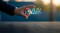 Businessman hand holding glowing globe with digital network connections and data icons, representing global business, technology innovation, and worldwide communication for corporate concepts.