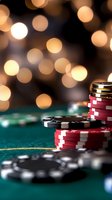 Stacked poker chips on green felt table with soft golden bokeh lights in background creating atmospheric casino gaming ambiance for entertainment concepts.